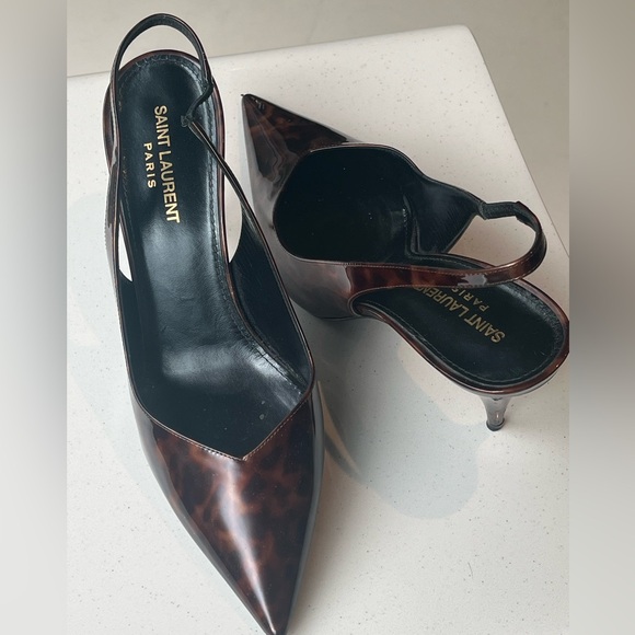 Saint Laurent Kiki 85 mm Tortoise Patent Slingback Pumps - Picture 2 of 9